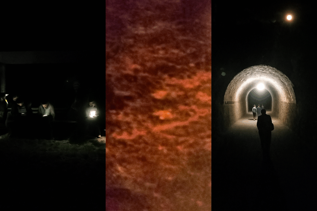 Collage en tres imágenes de una caminata nocturna: grupo con linternas, texturas del suelo y caminantes cruzando un túnel iluminado, representando la relación entre cultura, patrimonio y sostenibilidad.